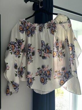Floral Off-Shoulder Blouse - White with Purple Floral Print